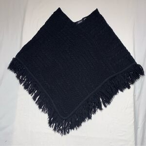 Vintage Black Knit Ponch Tassel Fringe Warm Winter Boho 60s Daisy Jones Retro